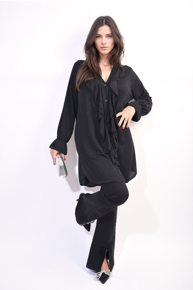 Jasmine Oversized Satin Ruffle Shirt Dress