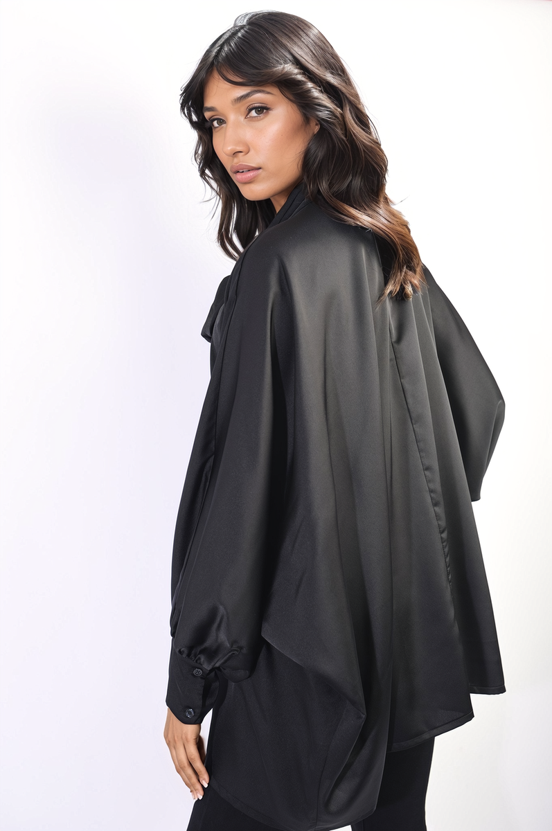 Jayda Oversized Silky Satin Long Sleeve Bow Tie Neck Top - 3 colours