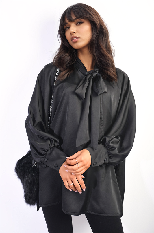 Jayda Oversized Silky Satin Long Sleeve Bow Tie Neck Top - 3 colours