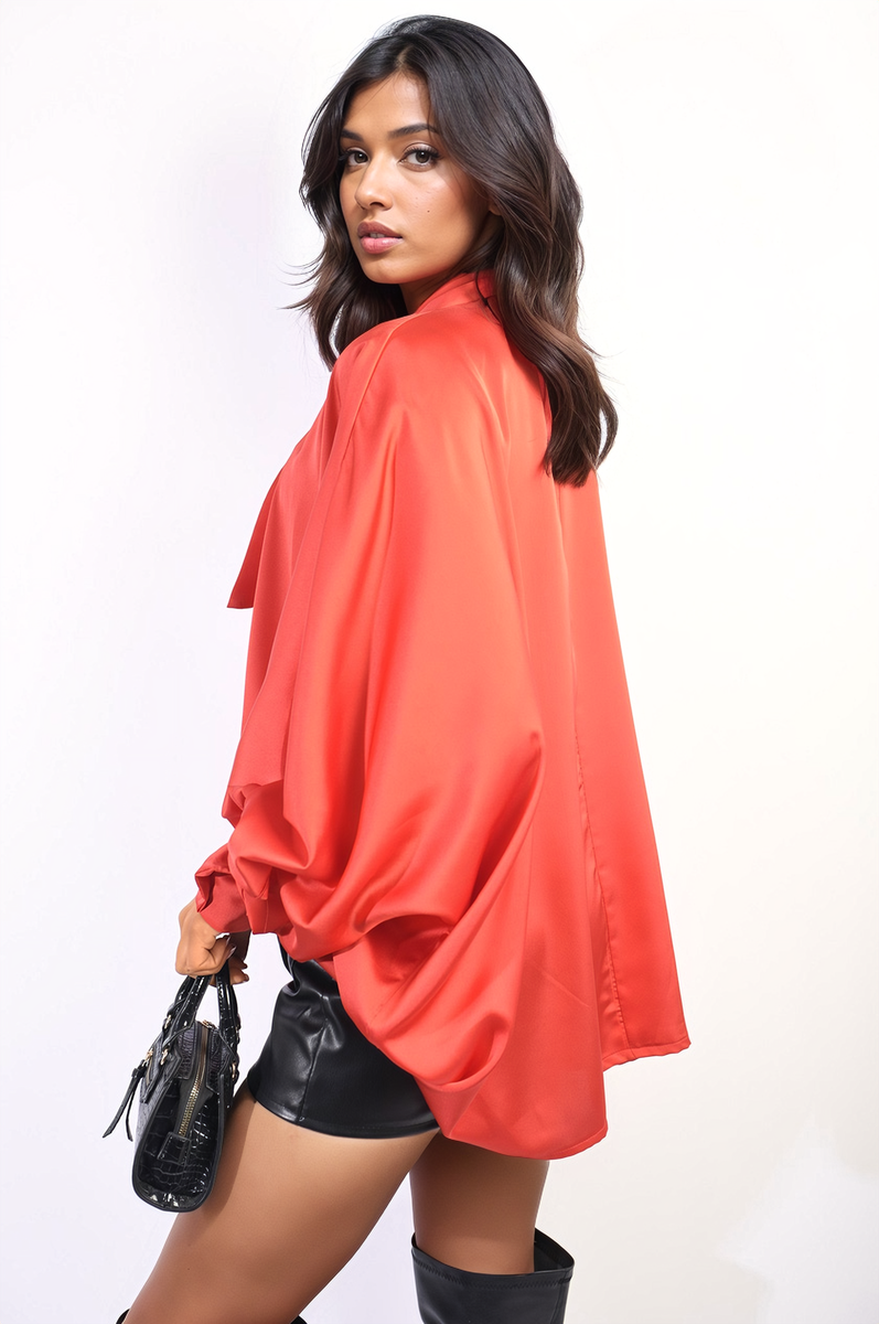 Jayda Oversized Silky Satin Long Sleeve Bow Tie Neck Top - 3 colours