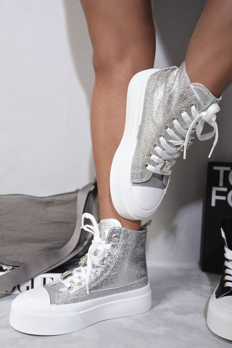 Julia Glitter Lace Up High Top Platform Trainers with Decorative Details - 2 colours