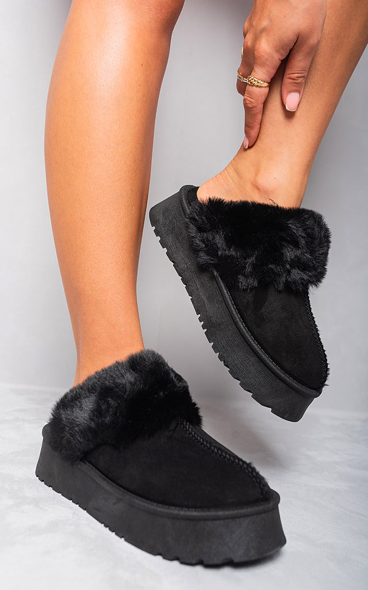 Kelly Faux Fur Trim Whisp Chunky Platform Slippers - 3 colours