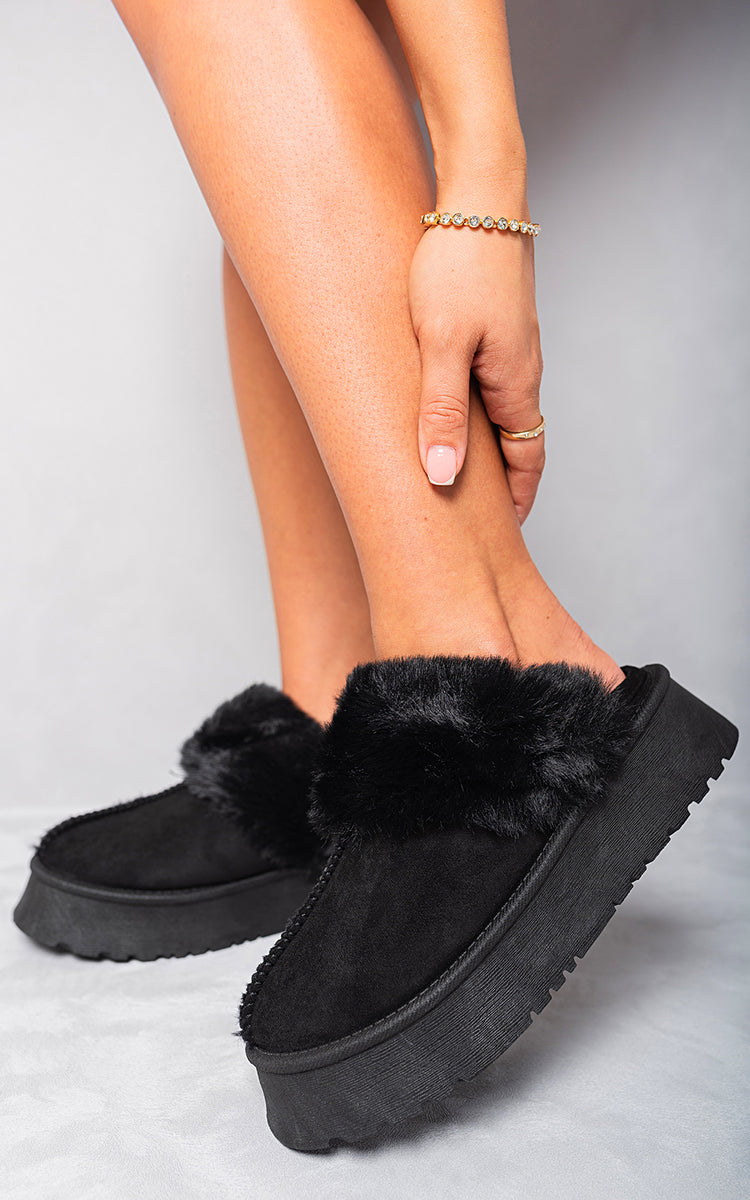 Kelly Faux Fur Trim Whisp Chunky Platform Slippers - 3 colours