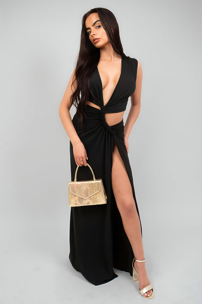 Lea Twist Detail Plunge Split Leg Cut Out Maxi Dress - 3 colours