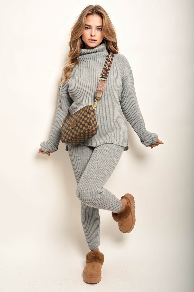 Mila Chunky Knitted High Roll Neck Top Bottom Co-ord Set - 3 colours