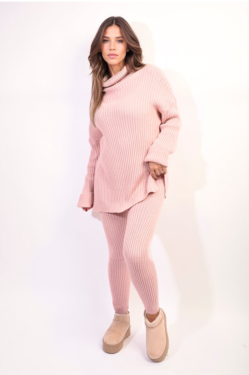 Mila Chunky Knitted High Roll Neck Top Bottom Co-ord Set - 3 colours