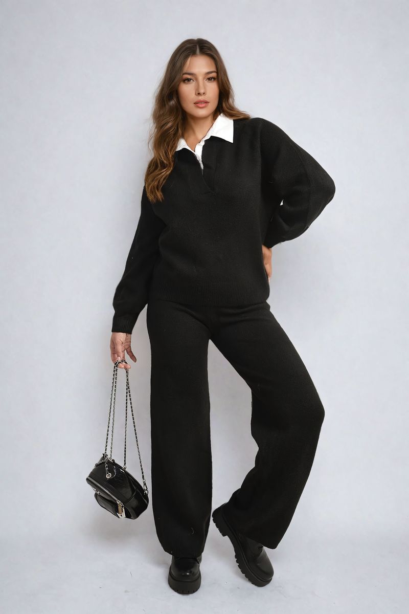 Patricia Long Sleeve Knitted Collar Top and Wide Leg Pants Co-ord Set - 4 colours