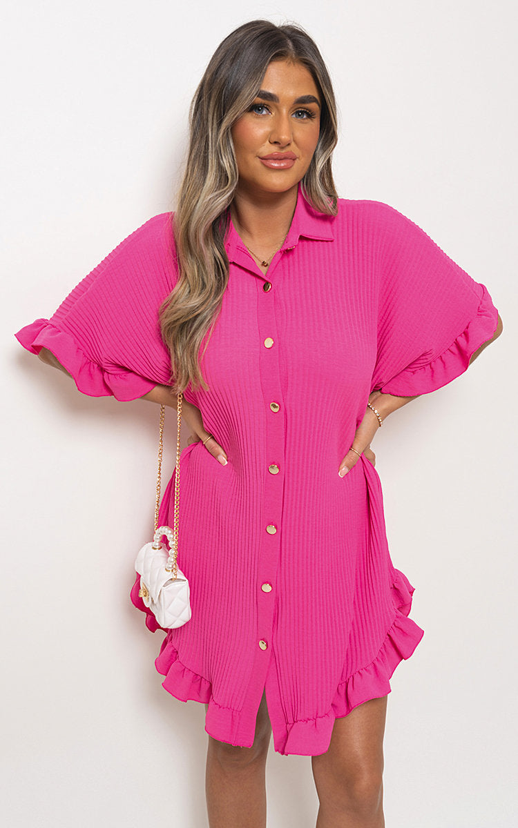 Prisha Button Down Oversized Ruffle Short Sleeve Mini Dress - 11 colours