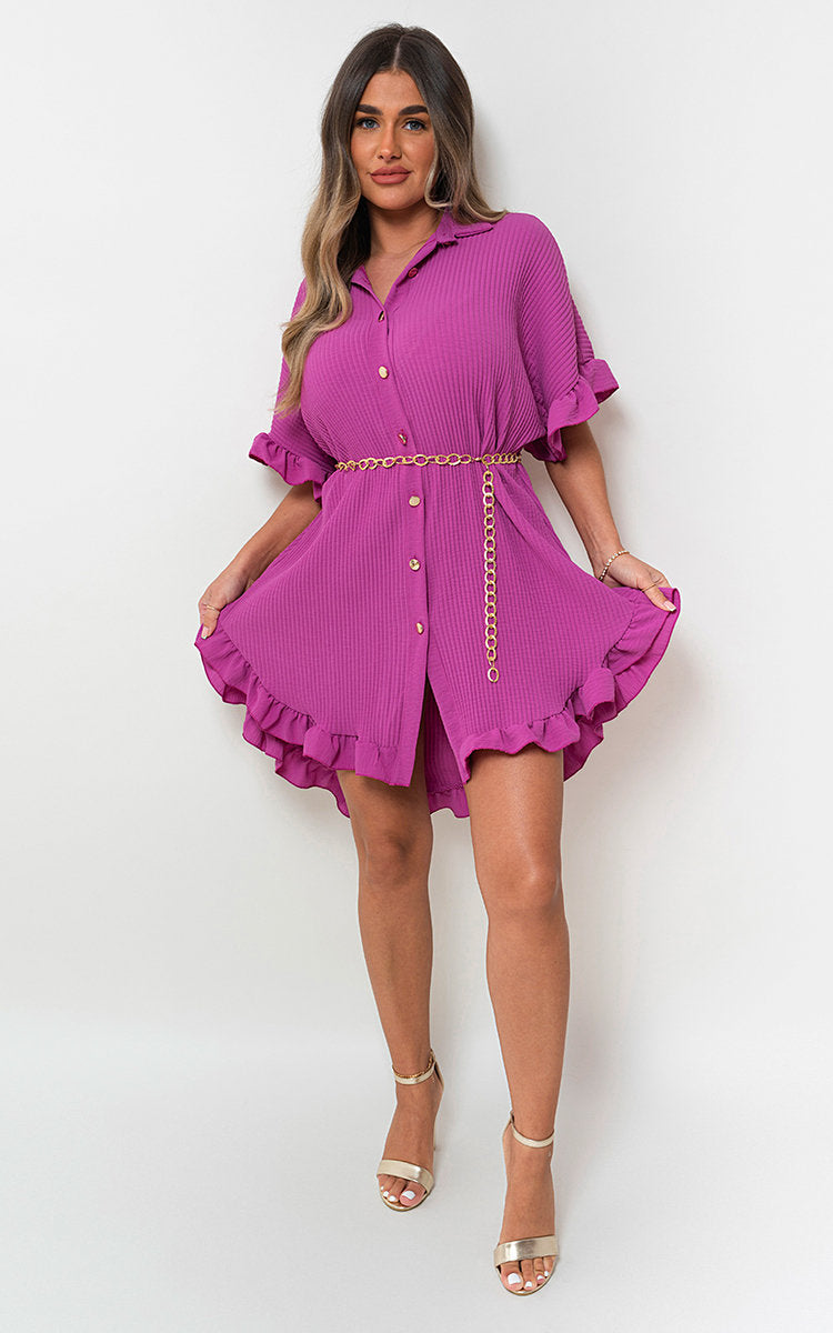 Prisha Button Down Oversized Ruffle Short Sleeve Mini Dress - 11 colours