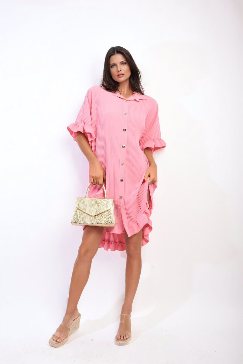 Prisha Button Down Oversized Ruffle Short Sleeve Mini Dress - 11 colours