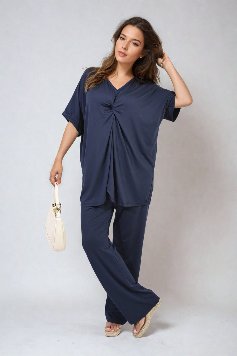 Tiana Twist Front Plunge Neckline Top and Trouser Co-ord Set - 6 colours