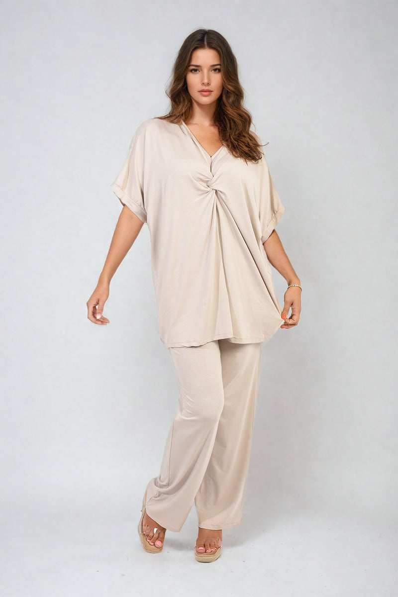 Tiana Twist Front Plunge Neckline Top and Trouser Co-ord Set - 6 colours