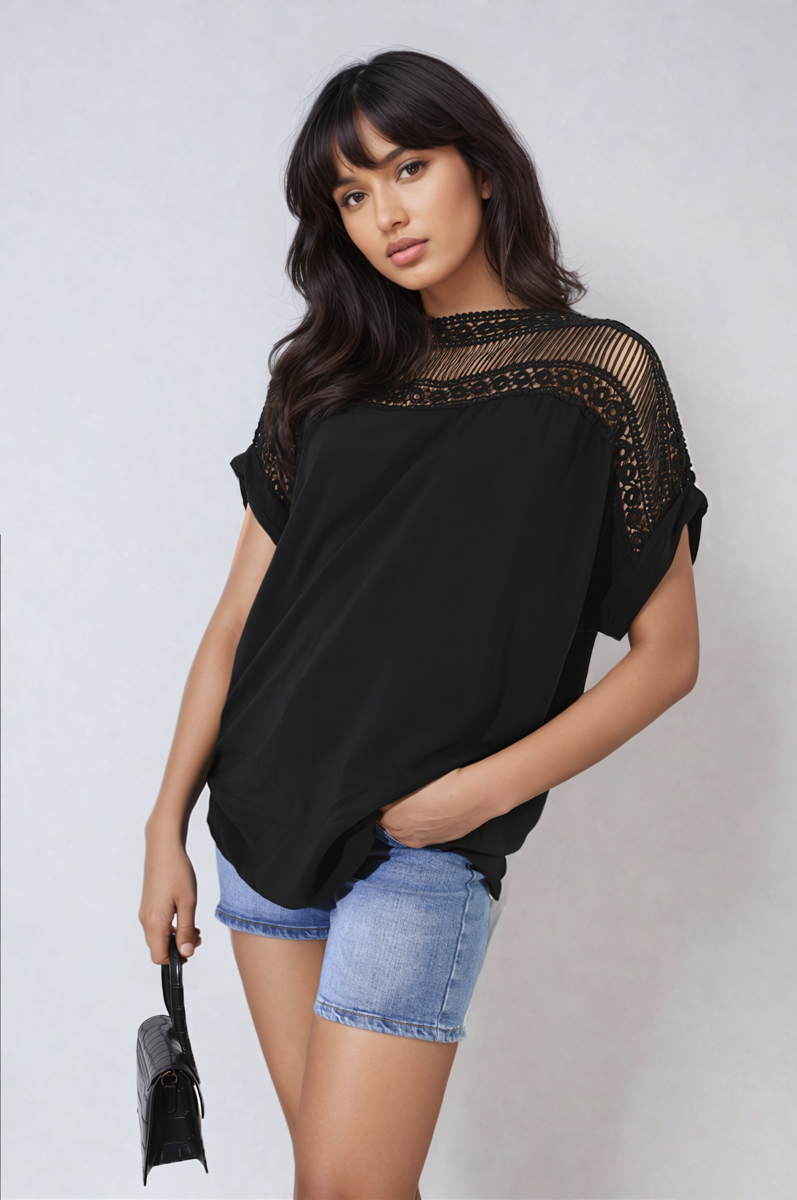 Sylvia Lace Insert Round Neck Hollow Top - 9 colours