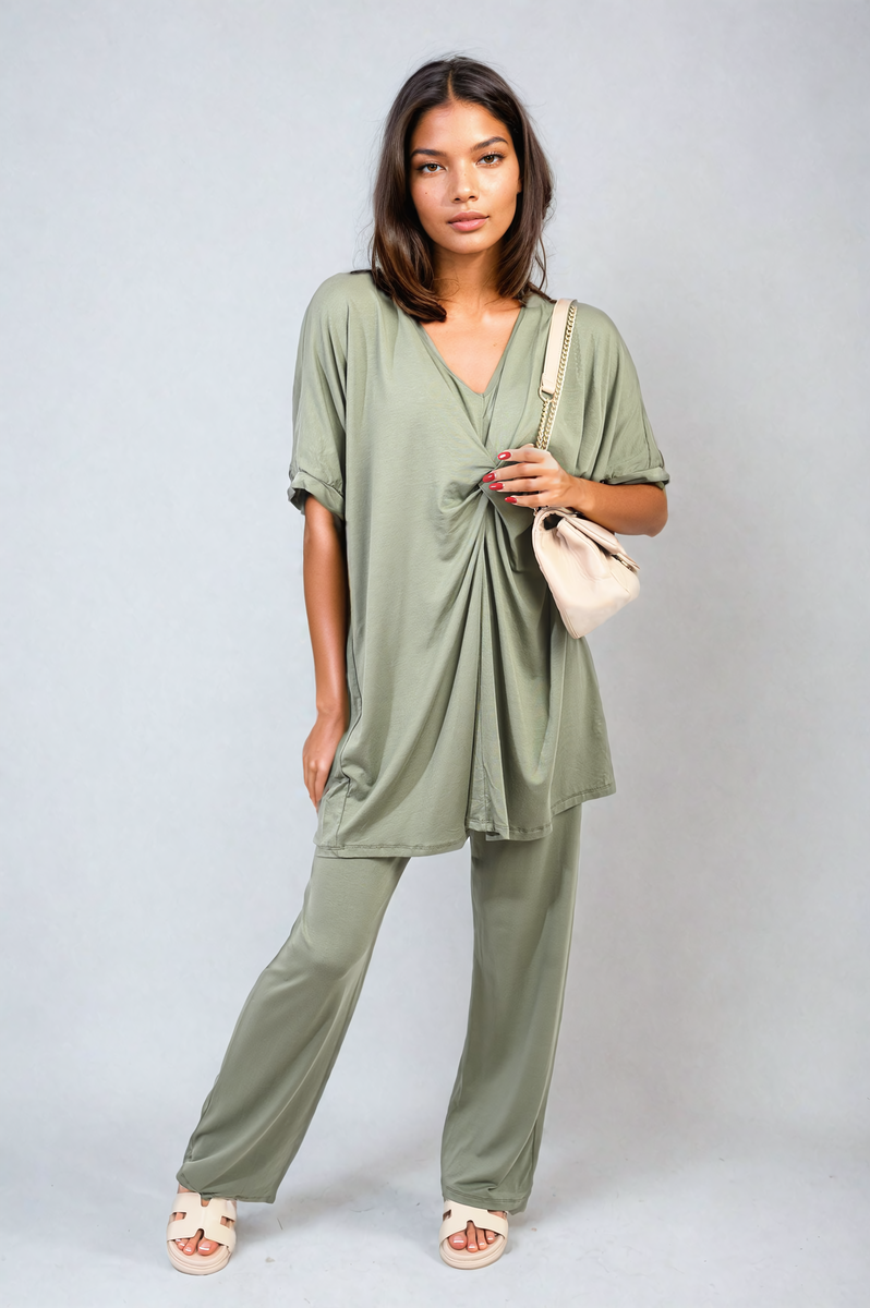 Tiana Twist Front Plunge Neckline Top and Trouser Co-ord Set - 6 colours