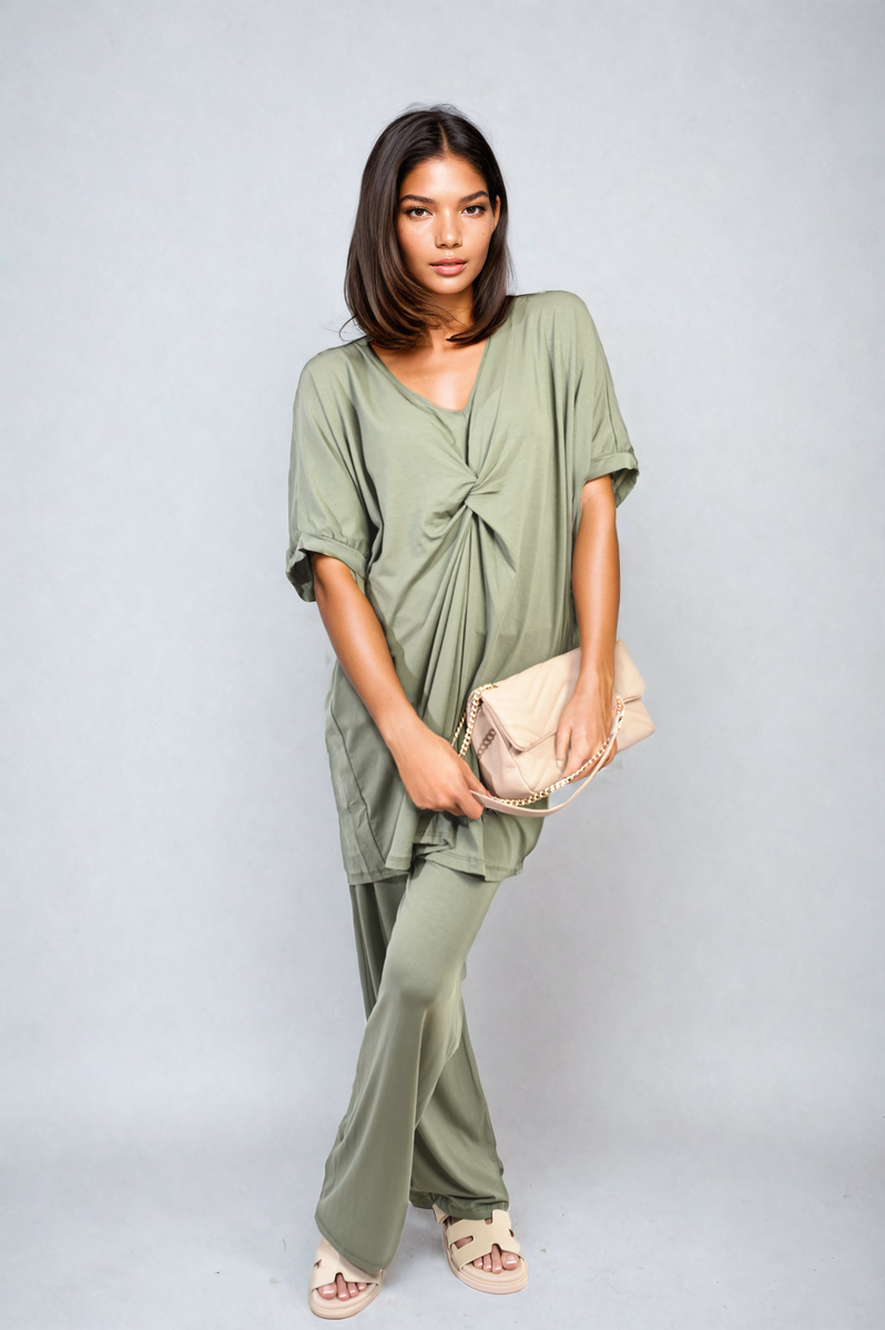 Tiana Twist Front Plunge Neckline Top and Trouser Co-ord Set - 6 colours