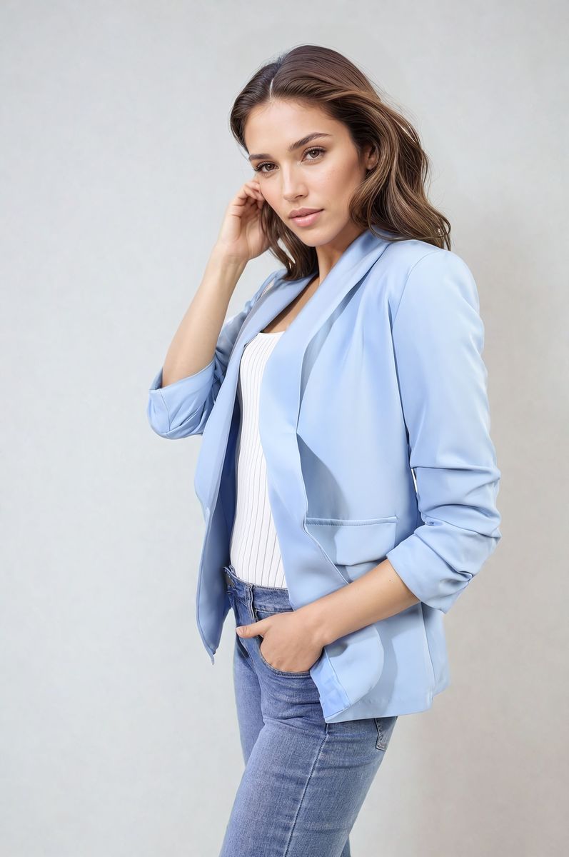 Valerie Ruched Sleeve Open Front Blazer Jacket with Front Pockets - 10 colours