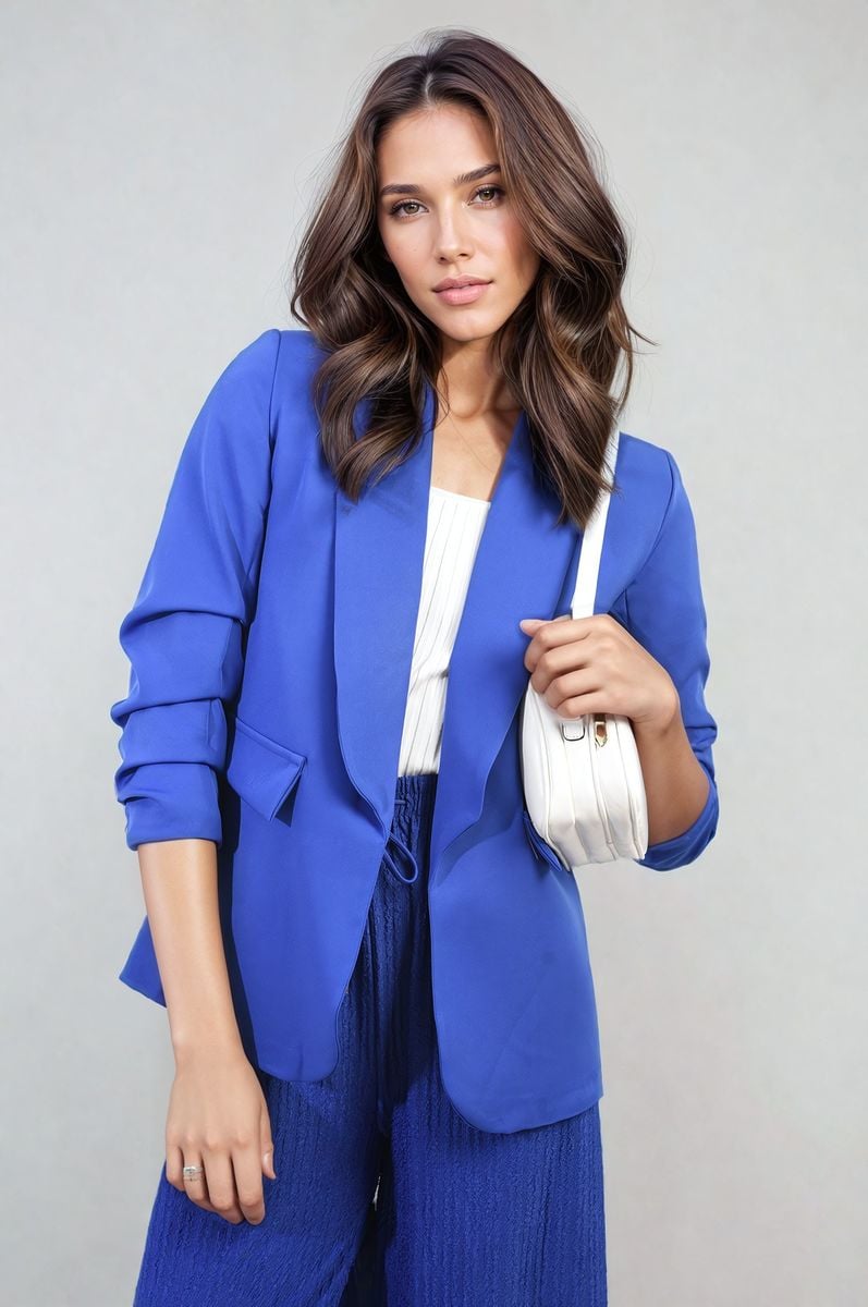 Valerie Ruched Sleeve Open Front Blazer Jacket with Front Pockets - 10 colours