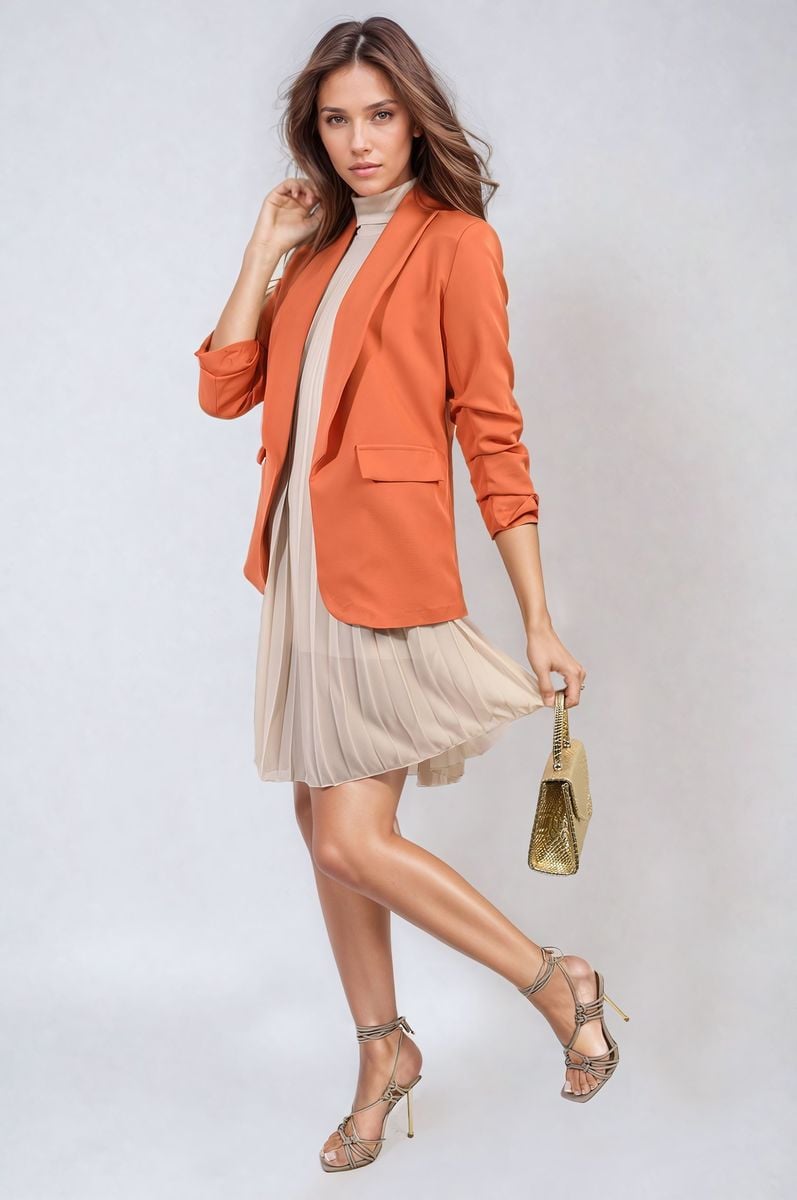 Valerie Ruched Sleeve Open Front Blazer Jacket with Front Pockets - 10 colours