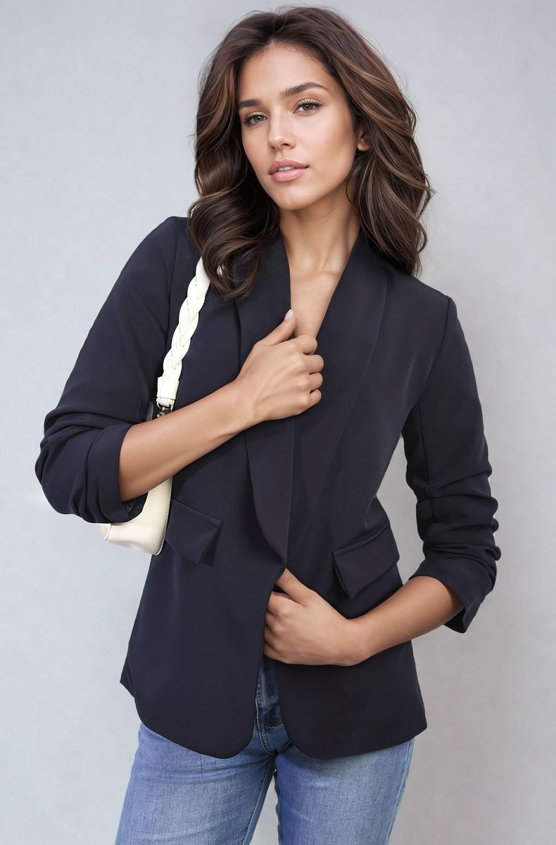 Valerie Ruched Sleeve Open Front Blazer Jacket with Front Pockets - 10 colours