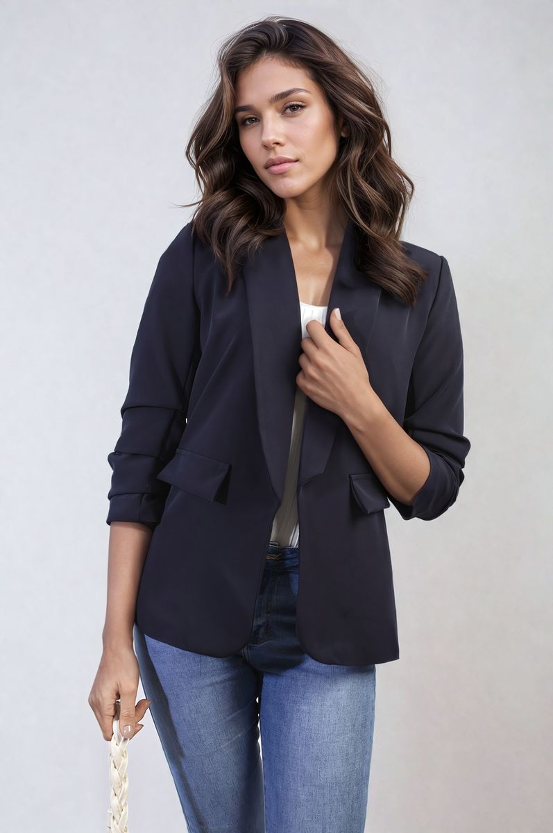 Valerie Ruched Sleeve Open Front Blazer Jacket with Front Pockets - 10 colours