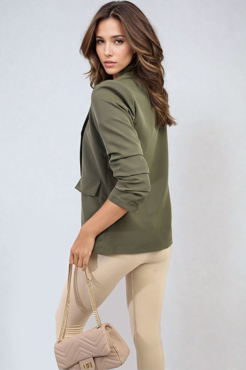 Valerie Ruched Sleeve Open Front Blazer Jacket with Front Pockets - 10 colours