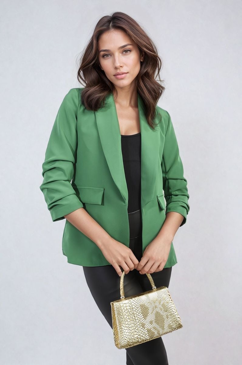 Valerie Ruched Sleeve Open Front Blazer Jacket with Front Pockets - 10 colours