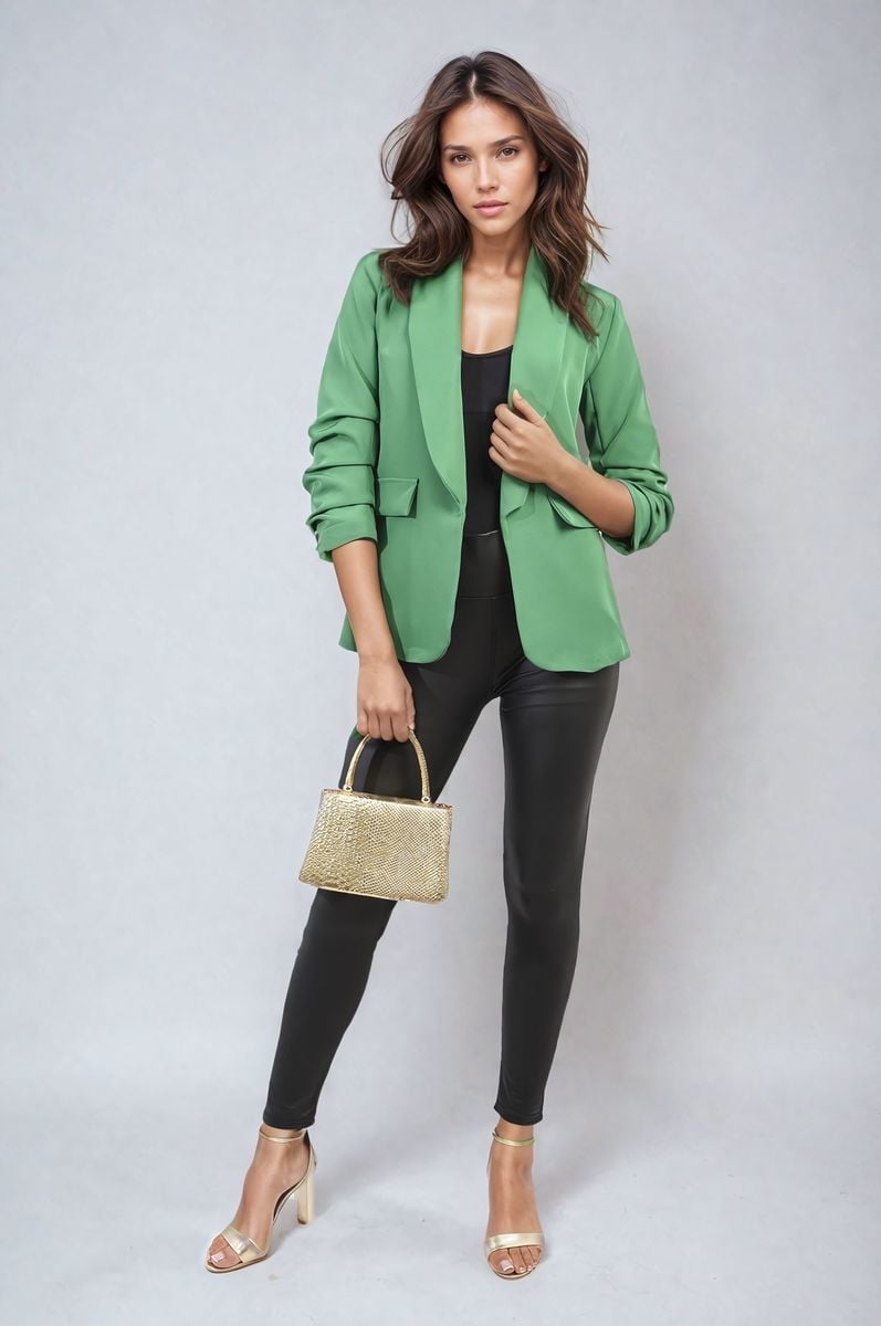 Valerie Ruched Sleeve Open Front Blazer Jacket with Front Pockets - 10 colours