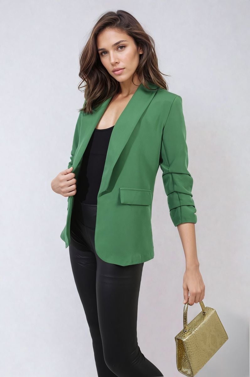 Valerie Ruched Sleeve Open Front Blazer Jacket with Front Pockets - 10 colours