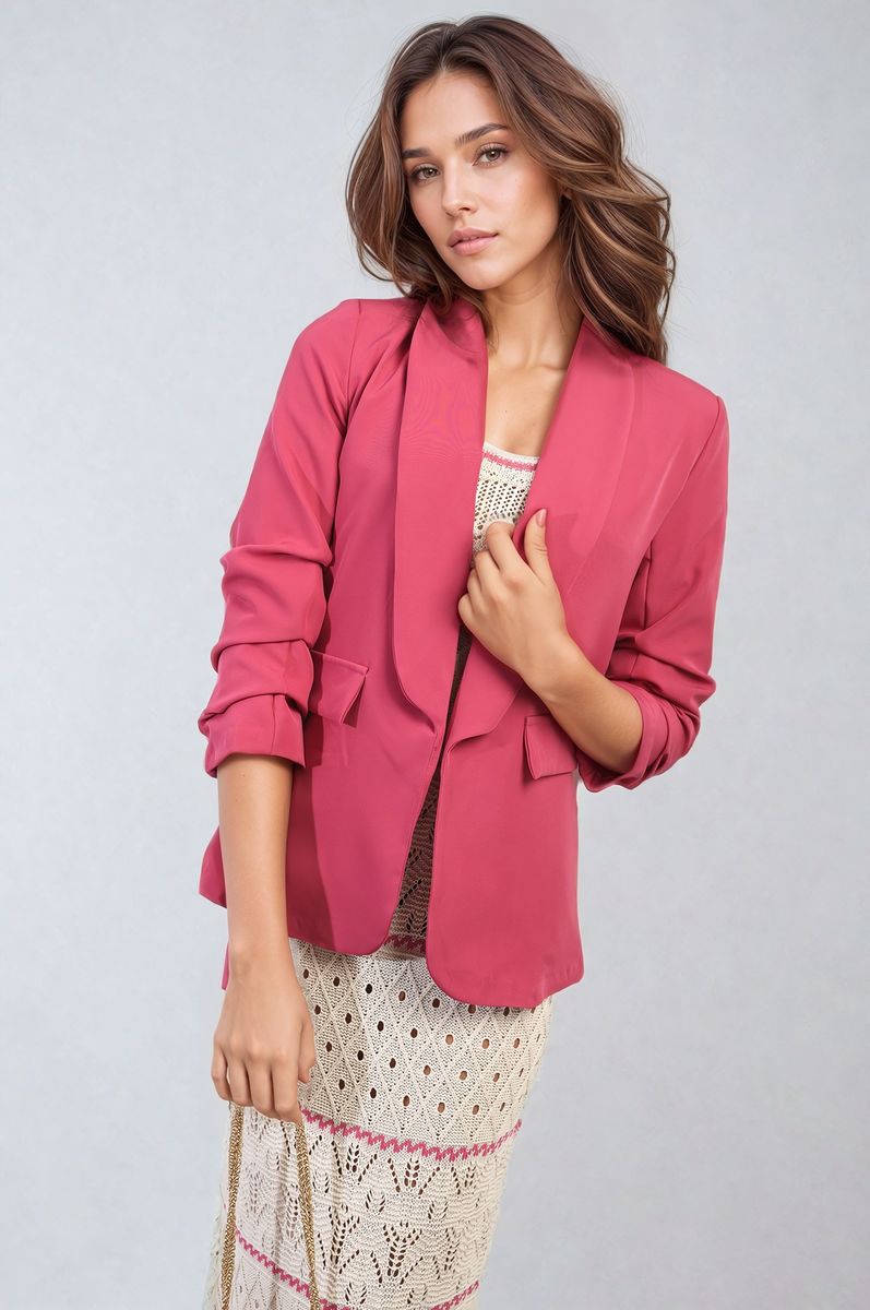 Valerie Ruched Sleeve Open Front Blazer Jacket with Front Pockets - 10 colours