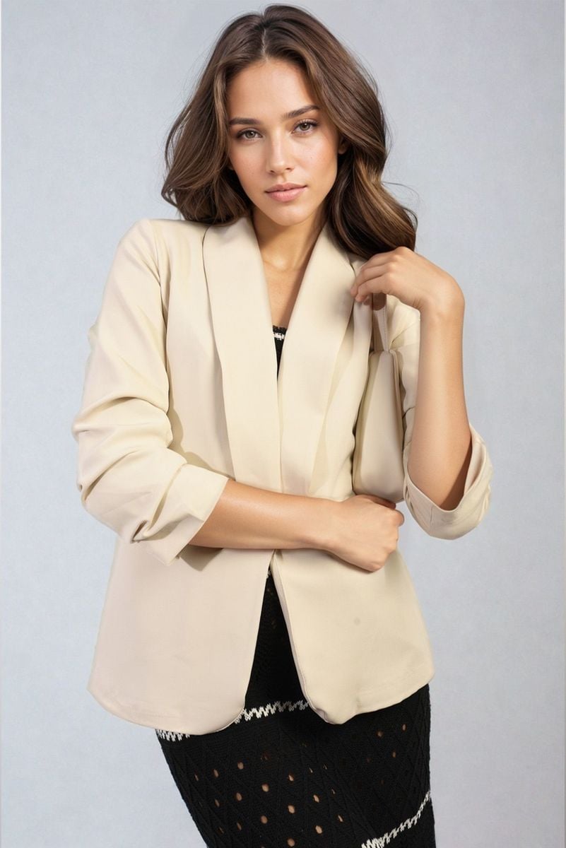 Valerie Ruched Sleeve Open Front Blazer Jacket with Front Pockets - 10 colours