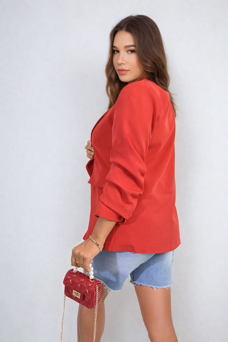 Valerie Ruched Sleeve Open Front Blazer Jacket with Front Pockets - 10 colours