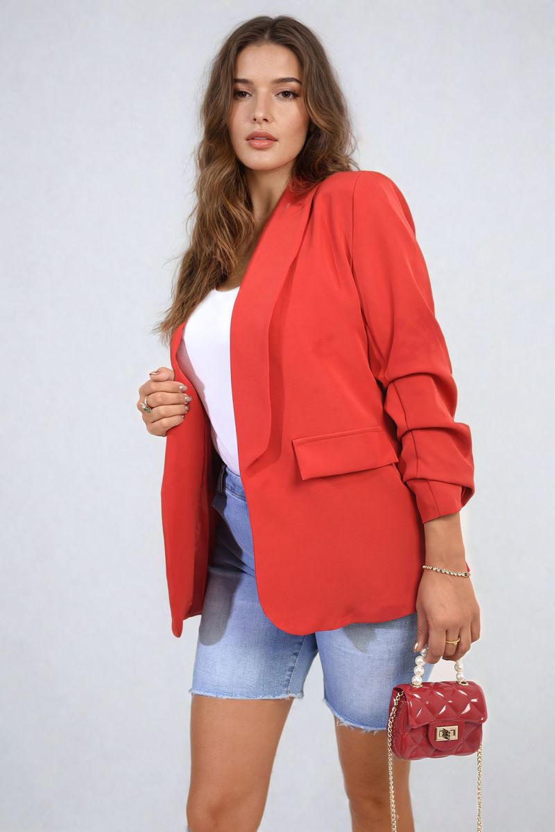 Valerie Ruched Sleeve Open Front Blazer Jacket with Front Pockets - 10 colours