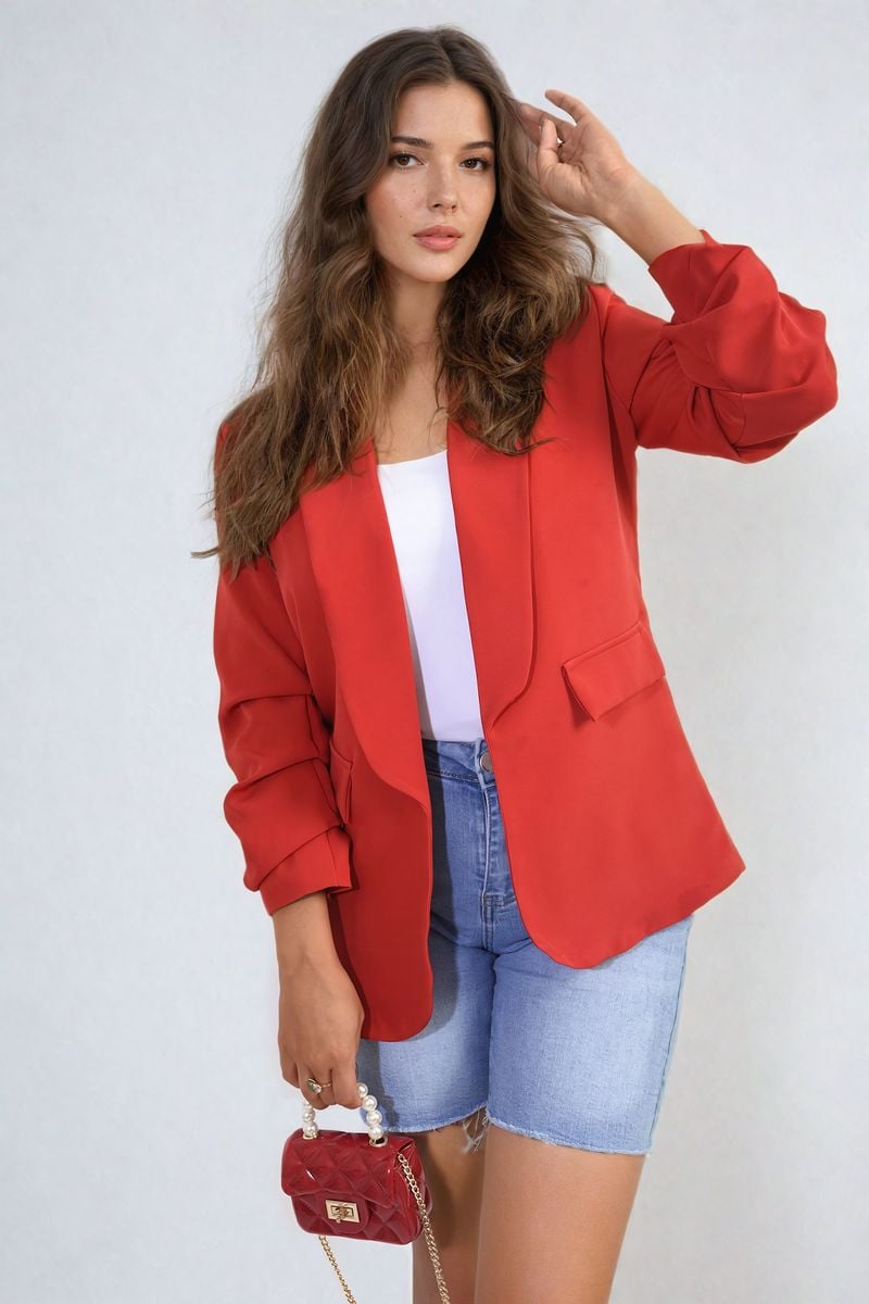 Valerie Ruched Sleeve Open Front Blazer Jacket with Front Pockets - 10 colours