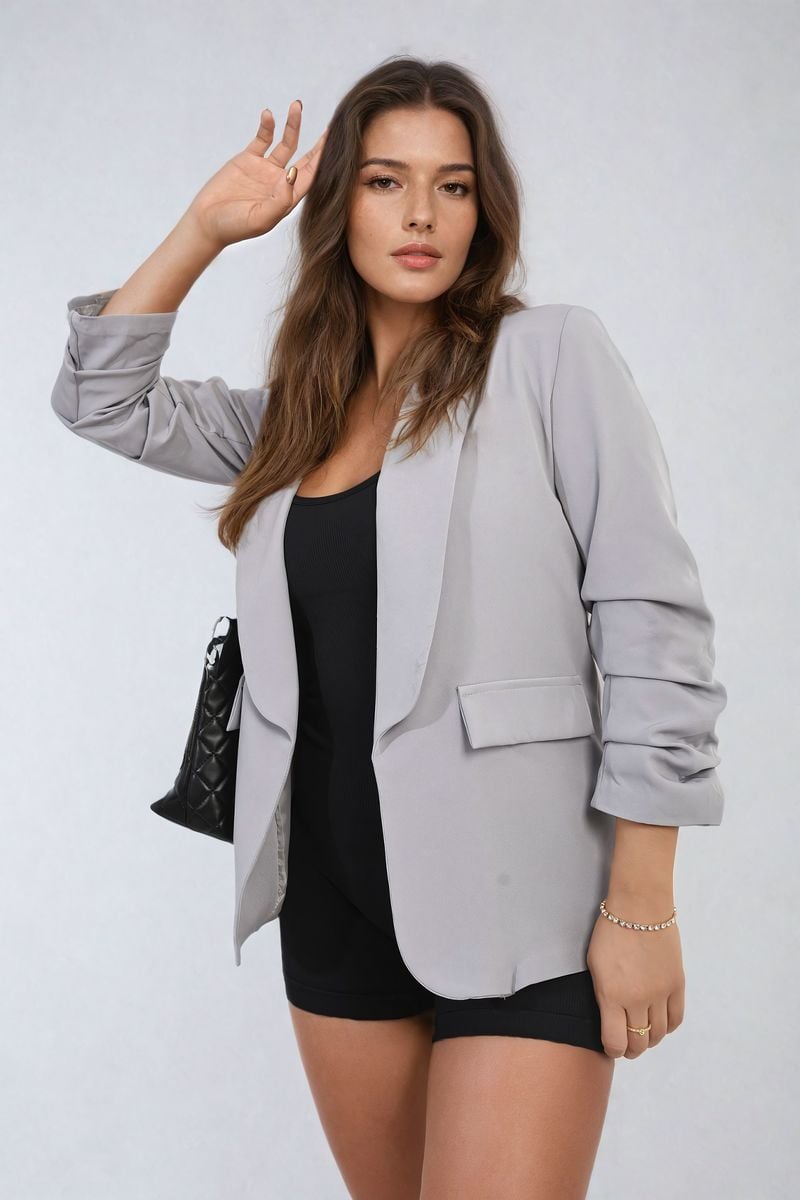 Valerie Ruched Sleeve Open Front Blazer Jacket with Front Pockets - 10 colours