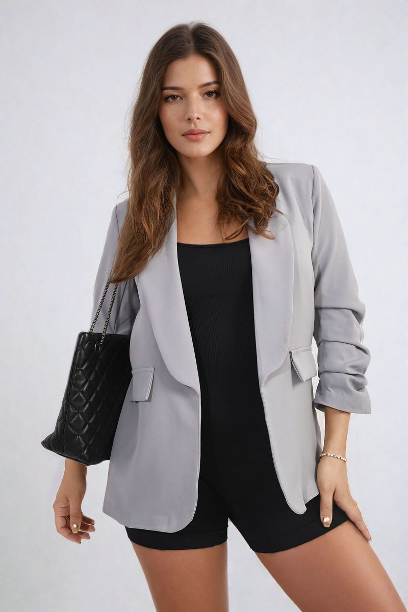 Valerie Ruched Sleeve Open Front Blazer Jacket with Front Pockets - 10 colours