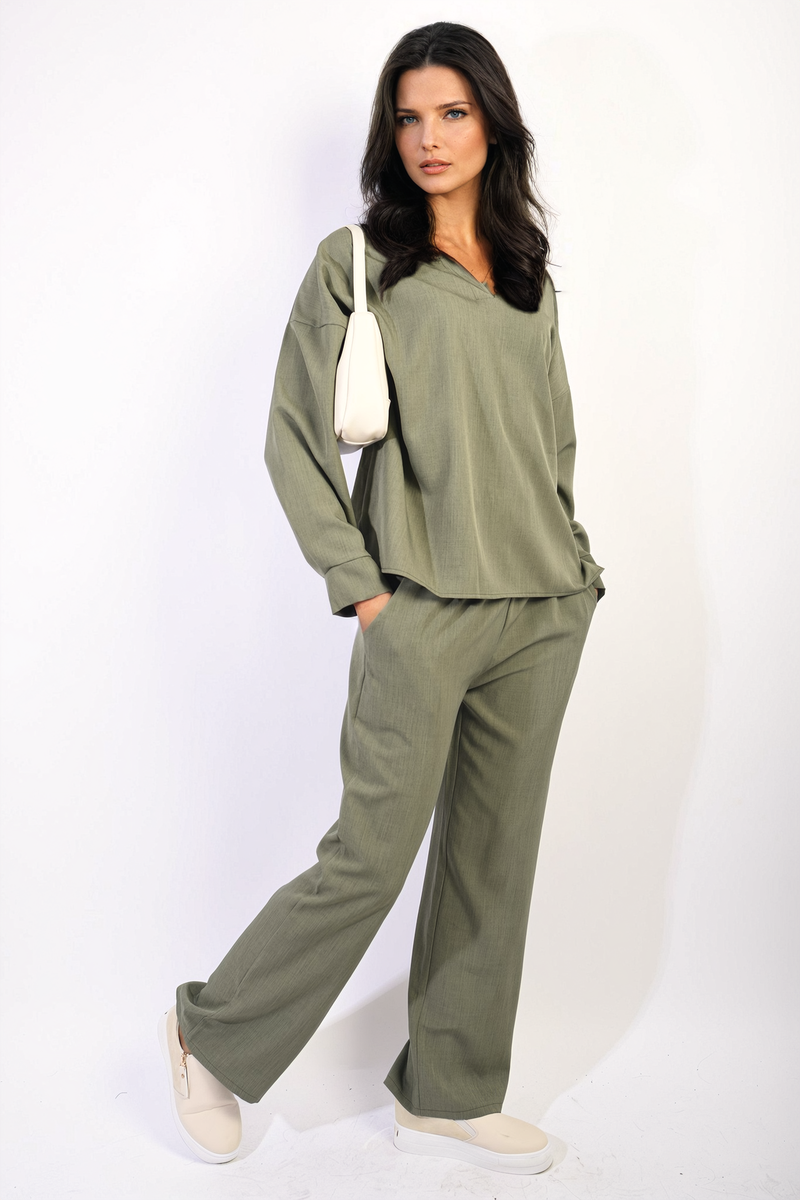 Vera V-neck Long Sleeve Top And Wide Leg Pants Co-ord Set - 6 colours