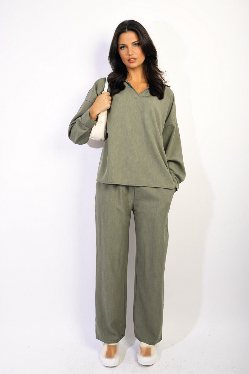 Vera V-neck Long Sleeve Top And Wide Leg Pants Co-ord Set - 6 colours