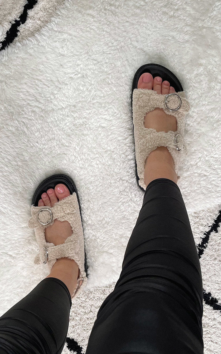 Faux Fur Double Buckle Sliders - 3 colours