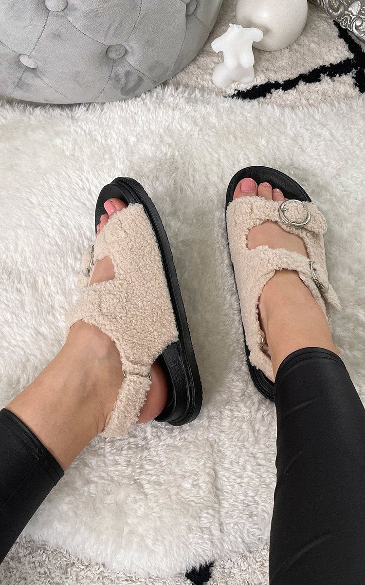 Faux Fur Double Buckle Sliders - 3 colours