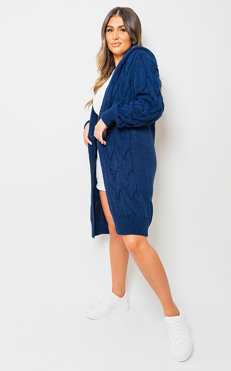 Zoe Chunky Cable Knitted Oversized Longline Hooded Cardigan - 13 colours