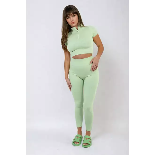 Ayah Ribbed Half Zip Crop Top and High Waist Leggings Co-ord Set - 8 colours