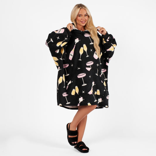 Champagne Print Hoodie Blanket, Black - Adults