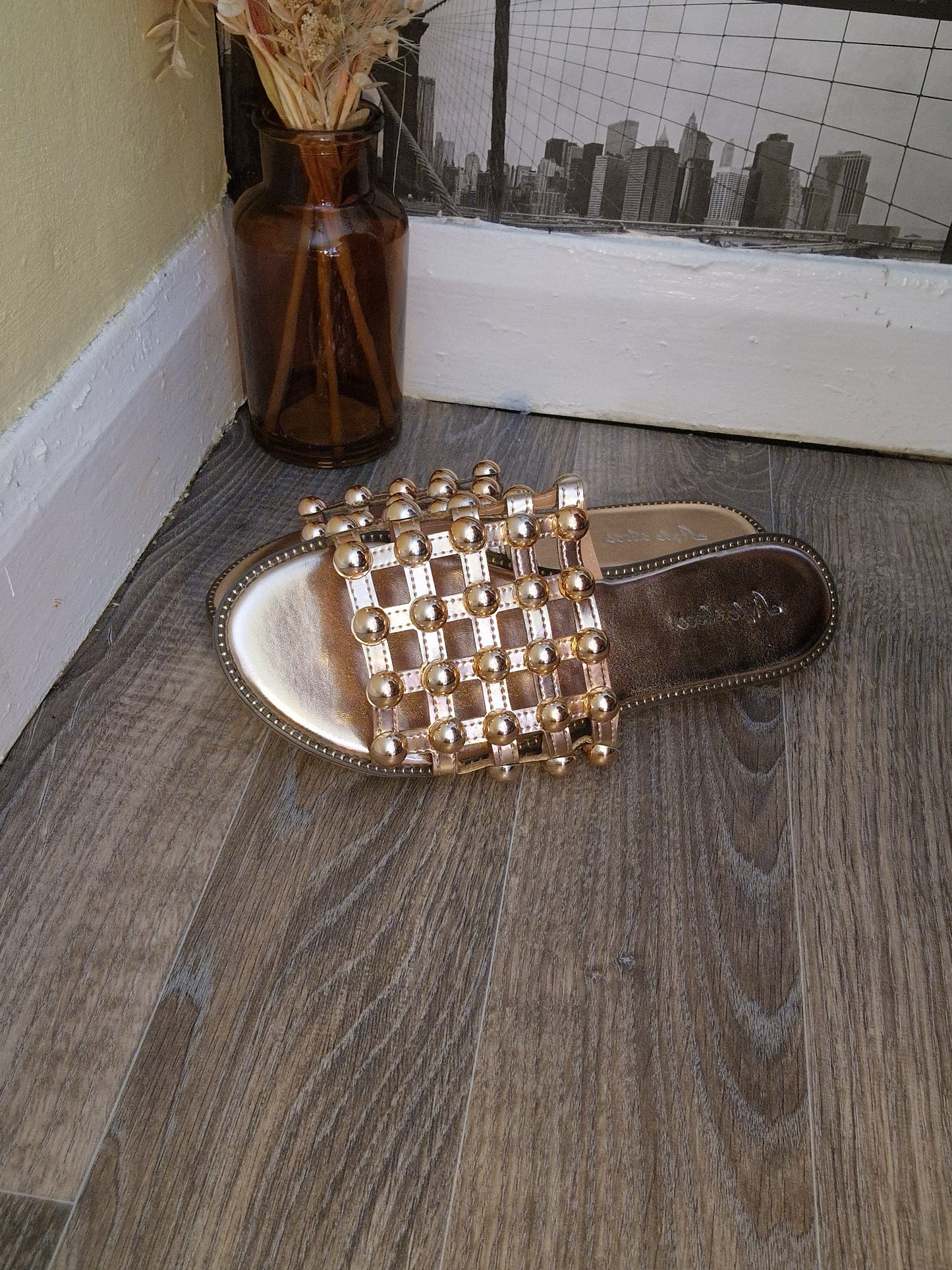 Rose Gold Studded Caged Slider Sandals