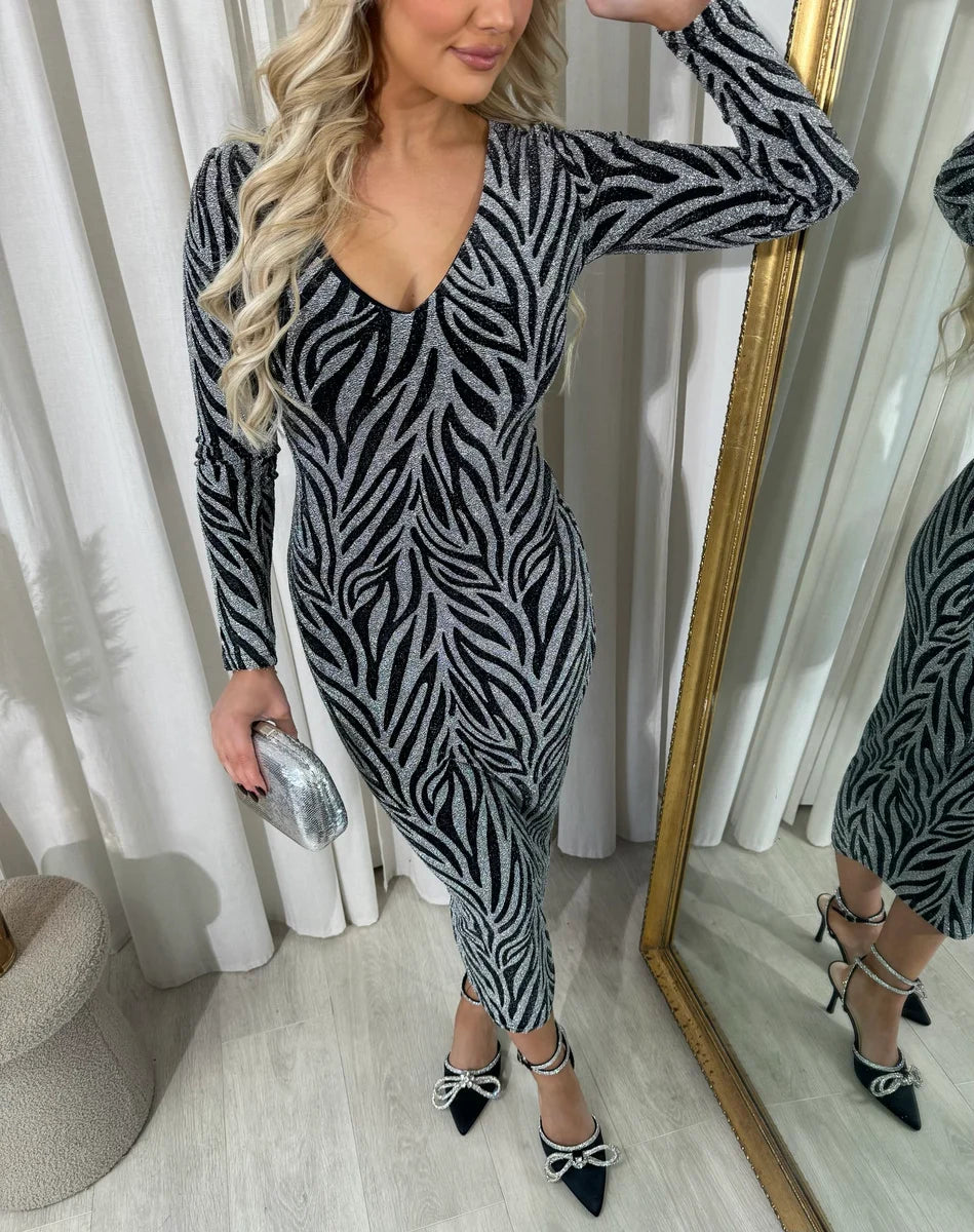 Evelyn Printed V-Neck Long Sleeve Glitter Midi Dress - 4 colours