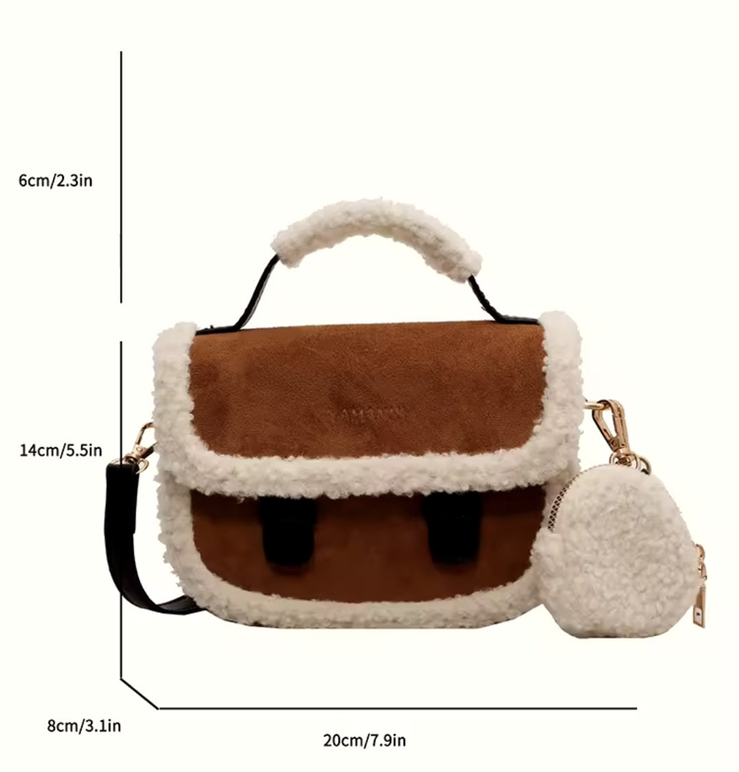 Plush Small Square Bag Colour Contrast Design Shoulder Crossbody Handbag - 4 colours