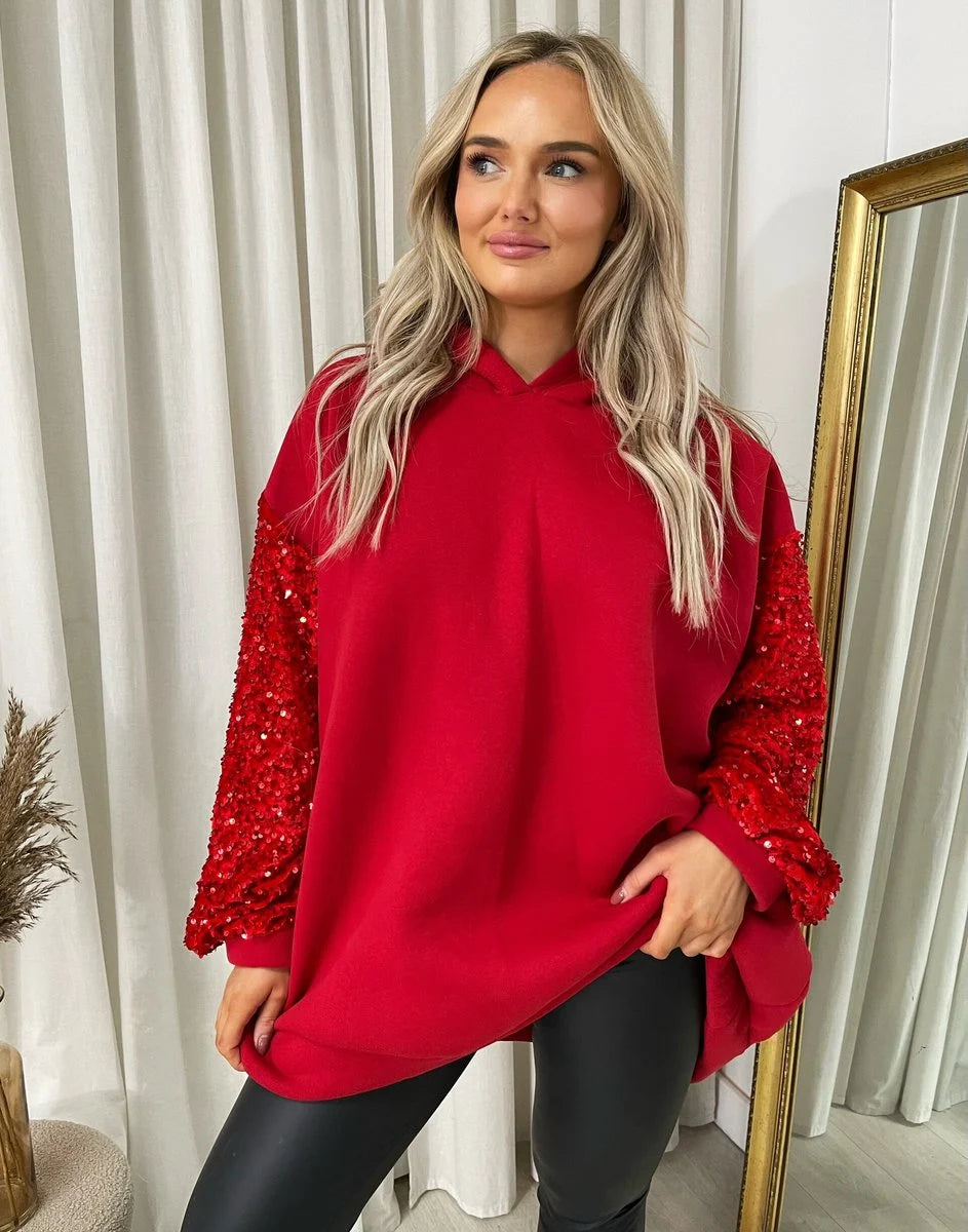 Kristen Oversized Sequin Sleeve Knitted Hoodie Jumper - 2 colours