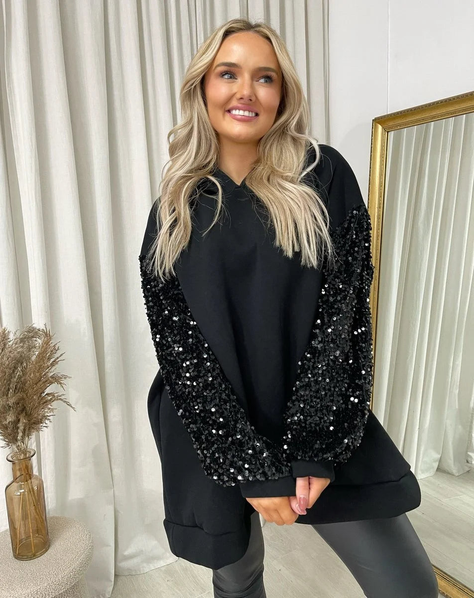 Kristen Oversized Sequin Sleeve Knitted Hoodie Jumper - 2 colours