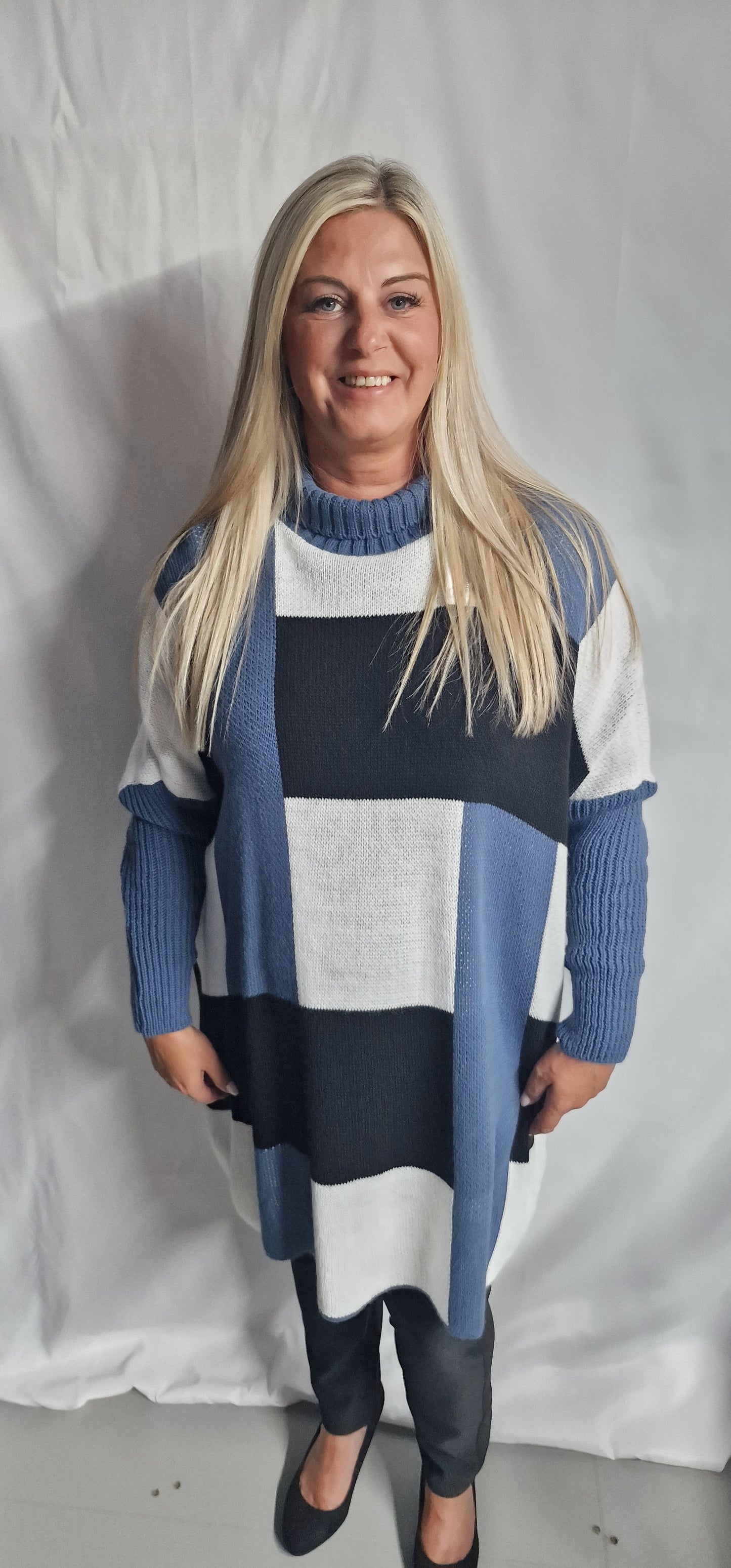 Italian Checked Print Ribbed Cowl Neck Long Sleeve Knitted Jumper Top - 2 colours