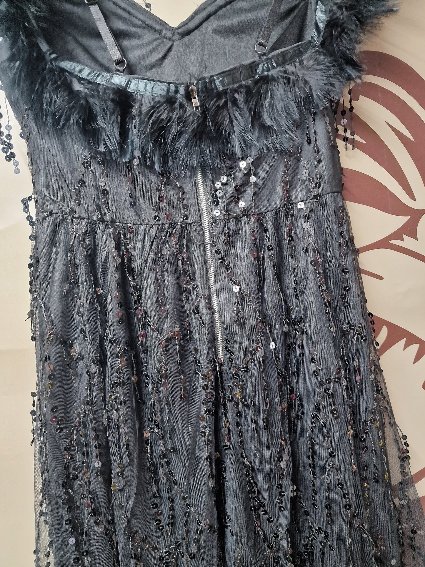 Black Sequin Feathers Strap Midi Dress