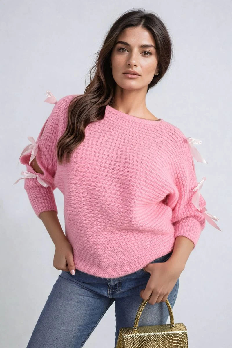 Abby Cut Out Tie Bow Sleeve Detail Chunky Knitted Top - 6 colours